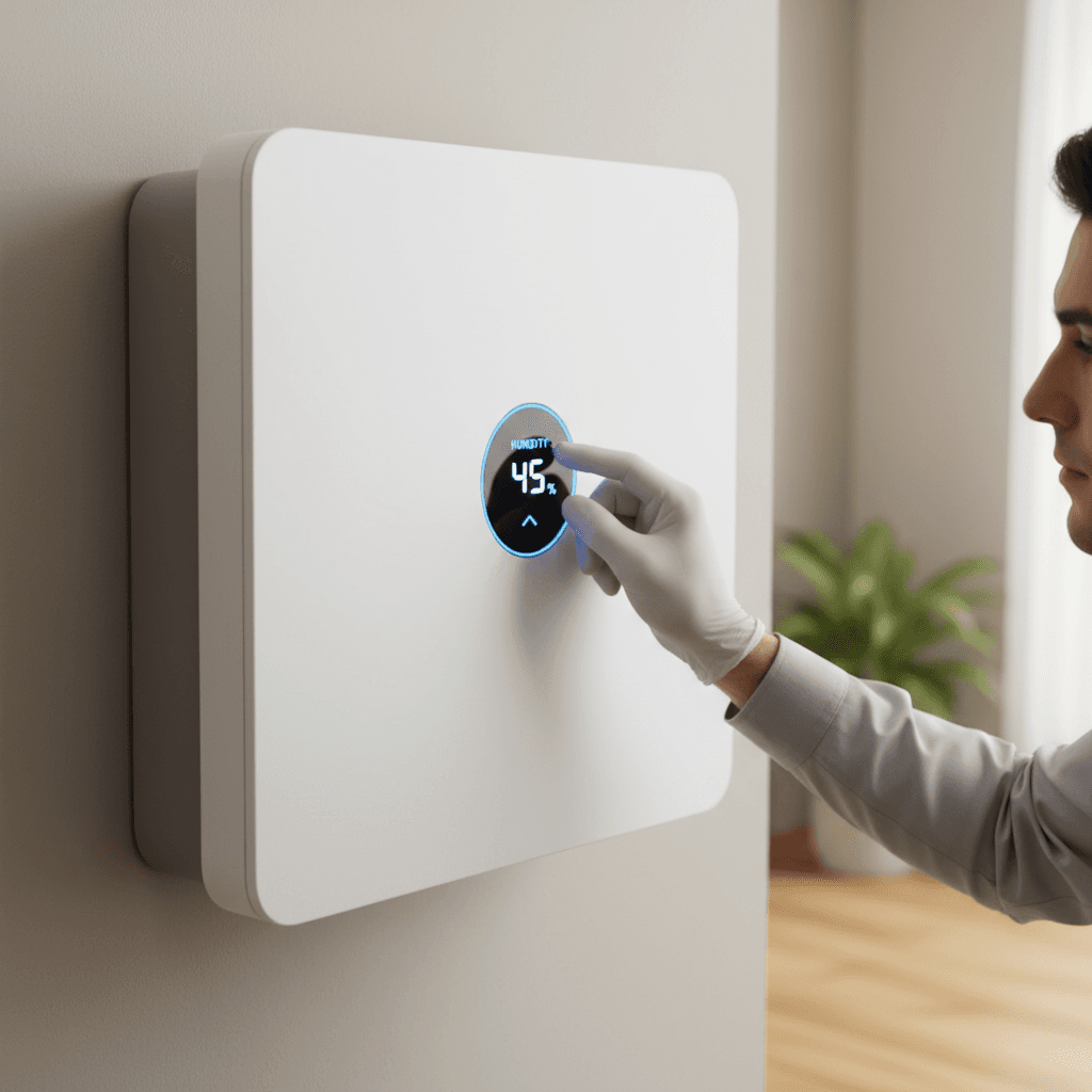 Technician adjusting air purifier and humidity control system settings