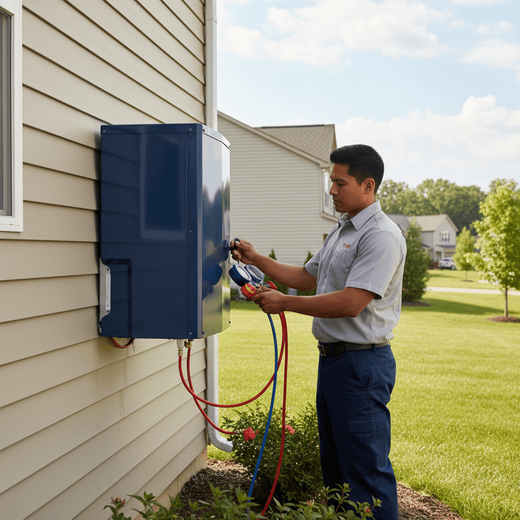 Professional technician servicing an outdoor heat pump system