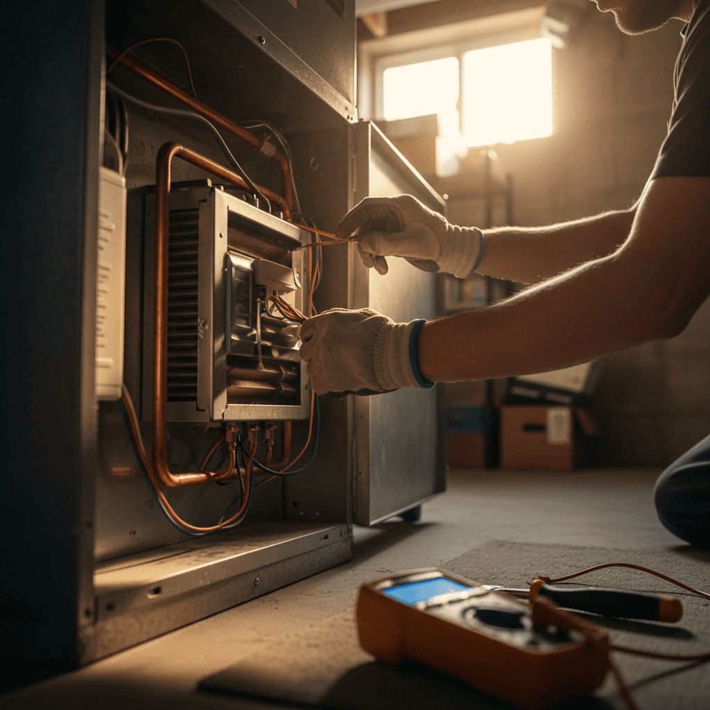 HVAC technician performing furnace inspection and maintenance