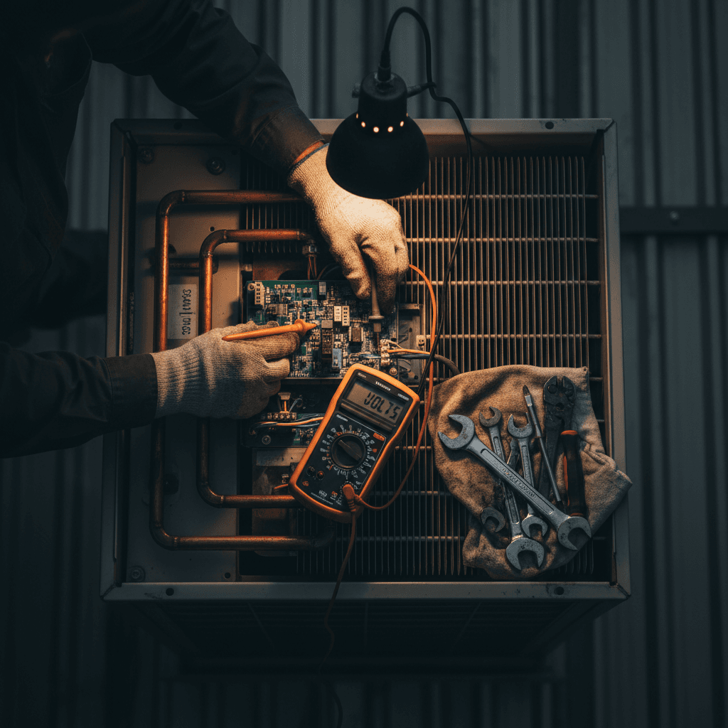 Technician diagnosing and repairing an AC condenser unit