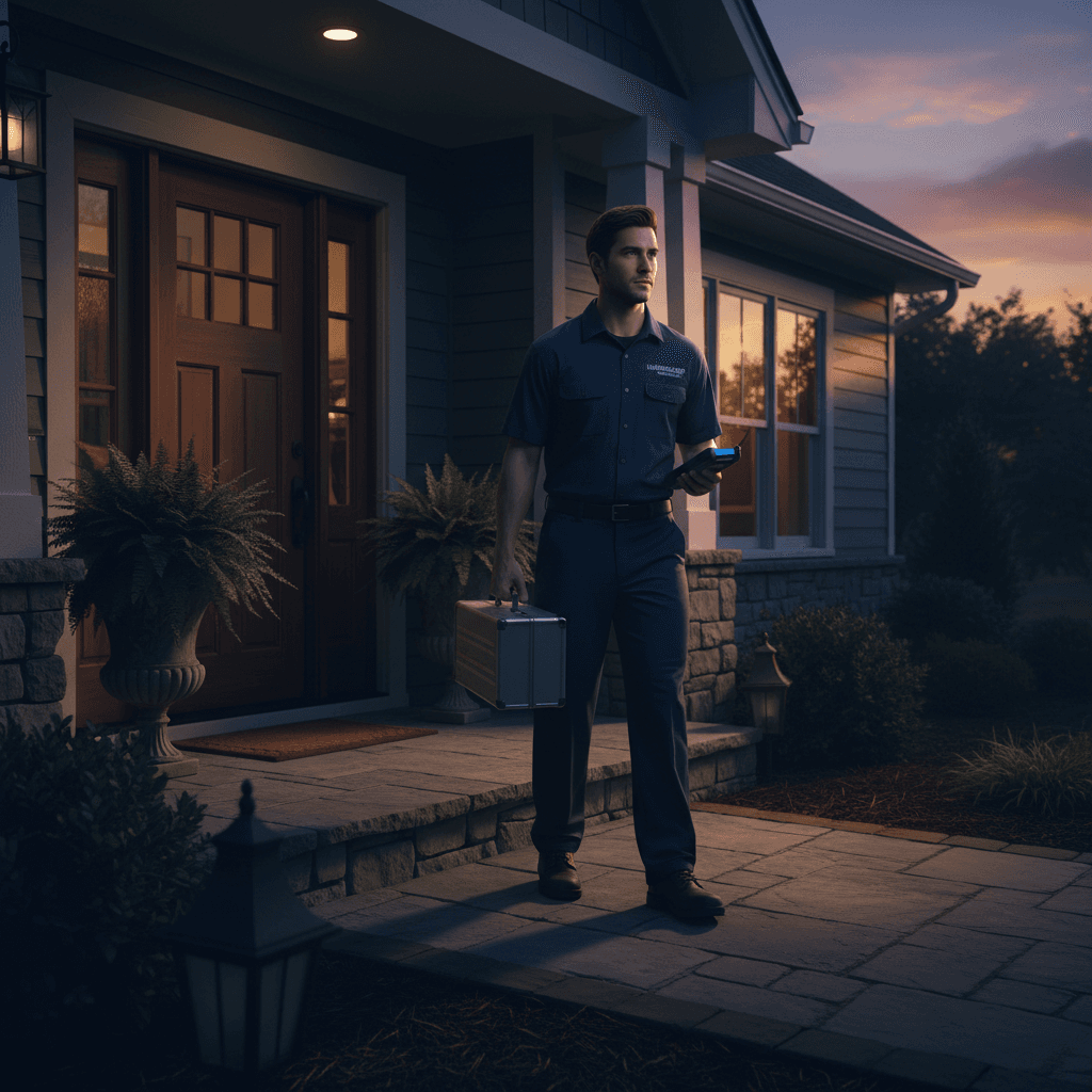 HVAC technician arriving for an emergency service call at a residential home