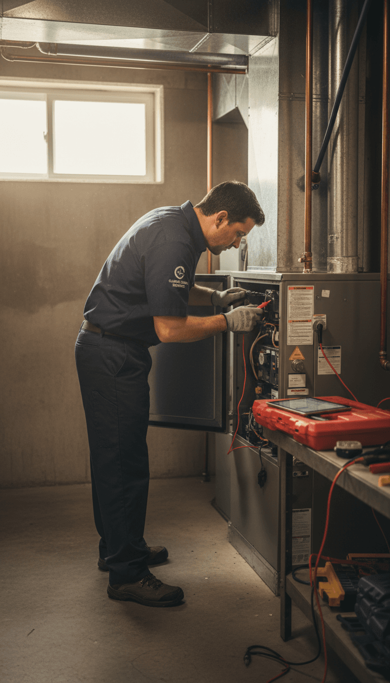 Licensed HVAC technician performing furnace maintenance and inspection