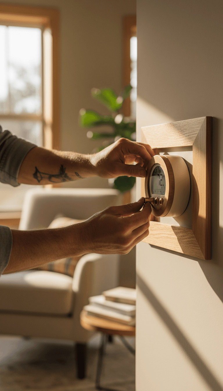 Technician adjusting a residential air conditioning thermostat