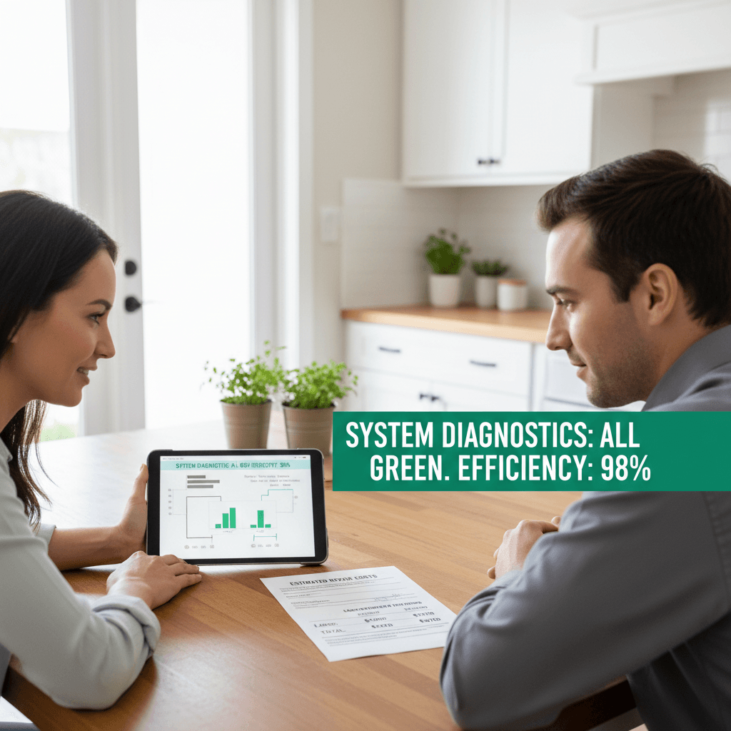 HVAC technician reviewing transparent estimate with homeowner