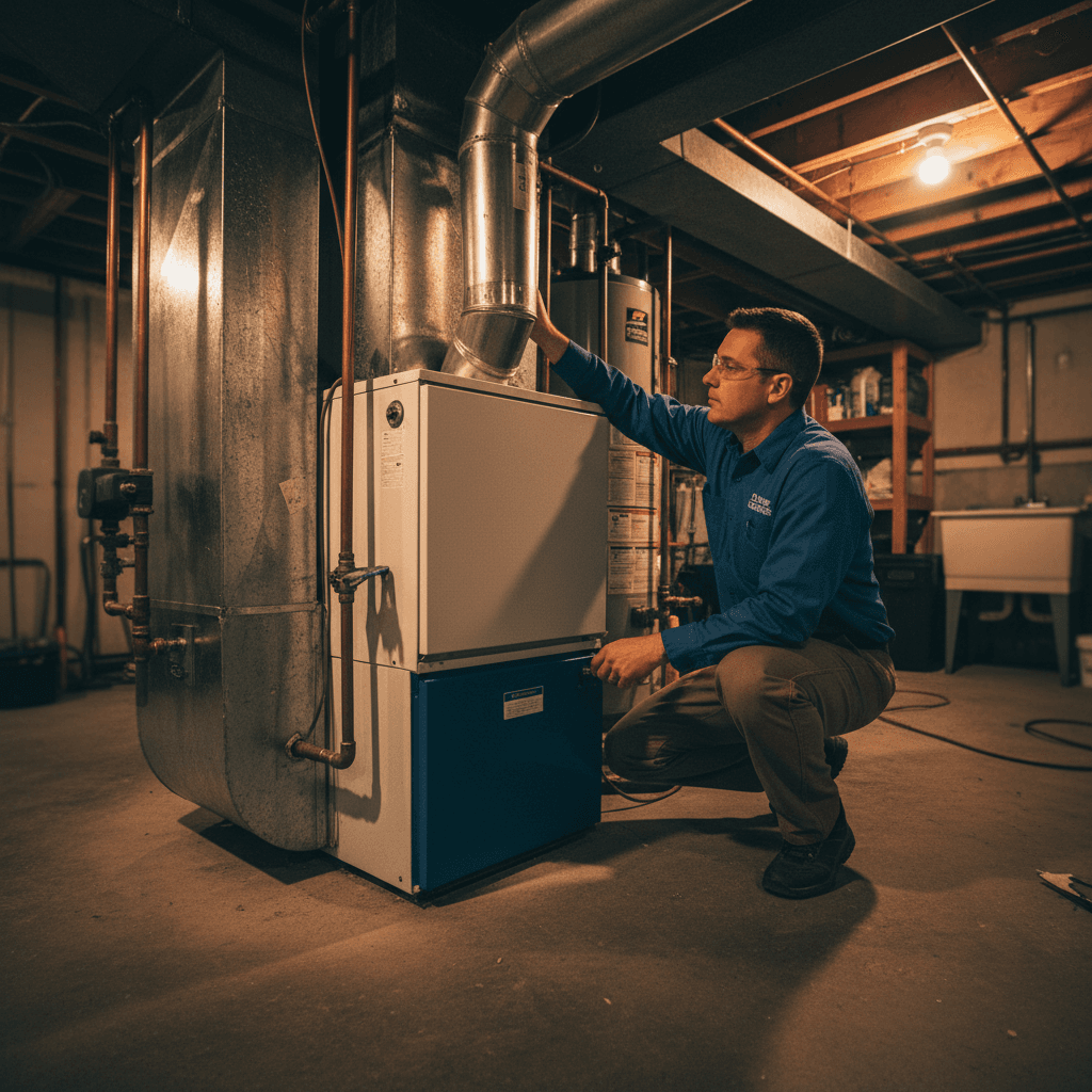 HVAC technician installing a furnace in a residential basement