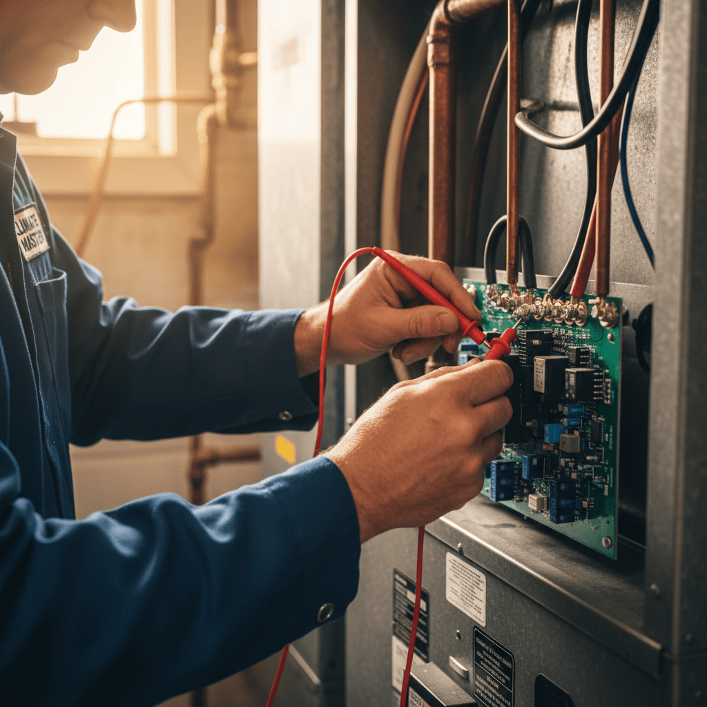 HVAC technician checking furnace pressure gauges during maintenance