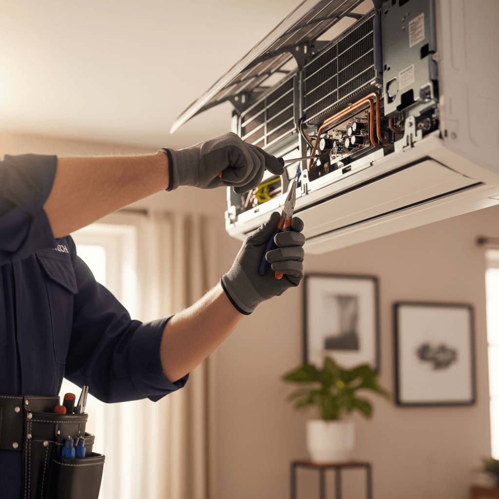 Technician working on indoor AC unit