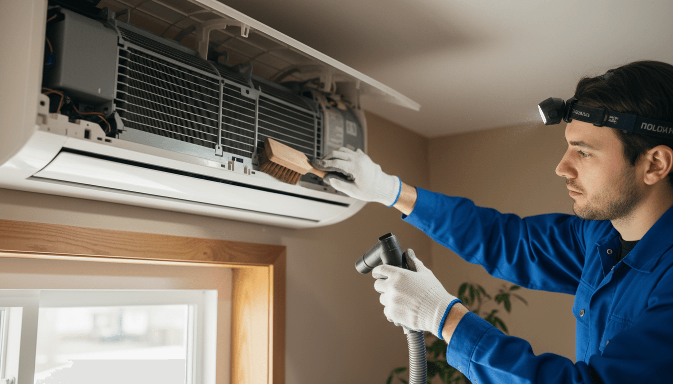 HVAC technician inspecting residential air conditioning unit