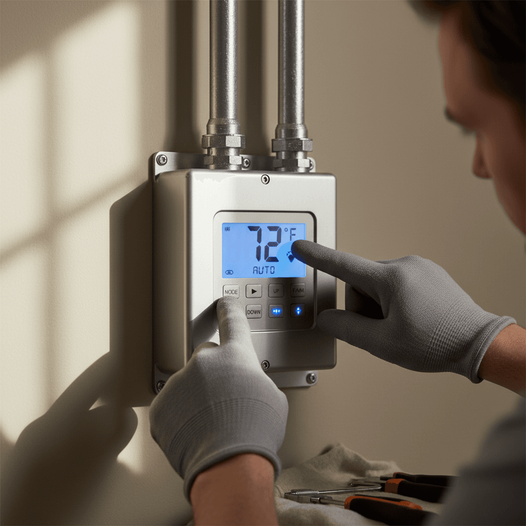 HVAC technician adjusting furnace thermostat
