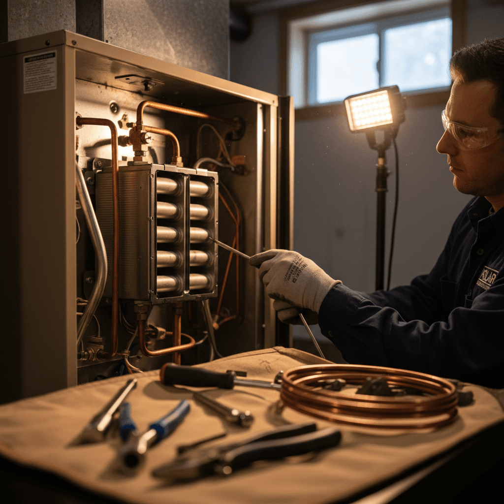 Technician installing high-efficiency furnace