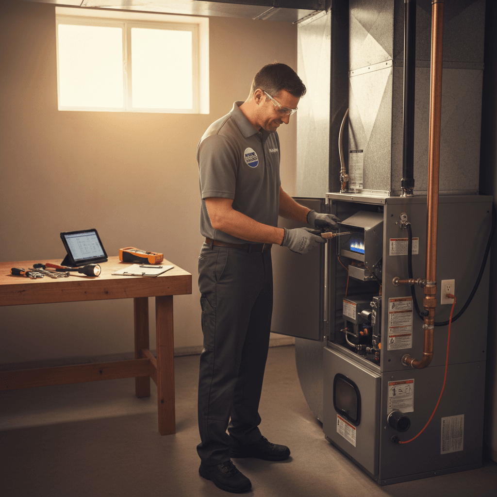 Technician performing seasonal HVAC maintenance check