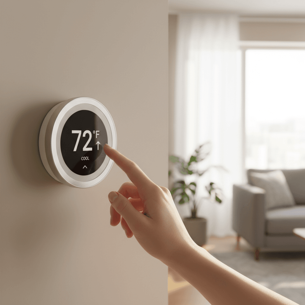 Home thermostat showing maintenance reminder